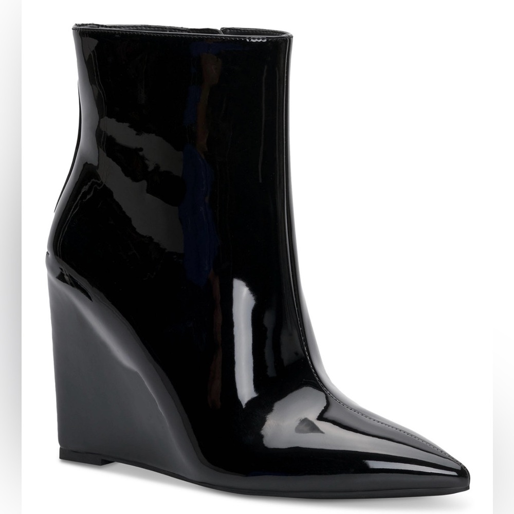 I.N.C. Azah Patent-Look Pointed Toe Wedge Booties – Black, Size 7.5